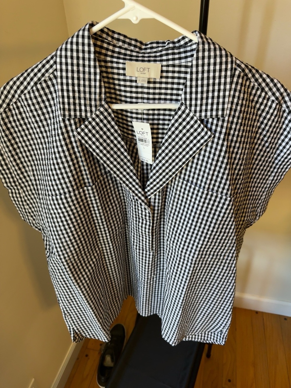 LOFT Black and White Gingham Cap-Sleeve Blouse